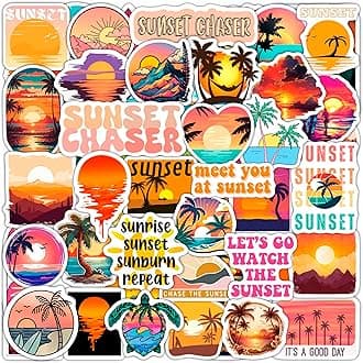 BulbaCraft Sunset Stickers - Beach Stickers, Sun Decals, Summer Decals for Water Bottle and Laptop, Palm Trees Party Supplies & Decorations, Beachy Stuff, Gifts for Women & Men
