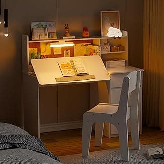 Kids Desk and Chair Set,Kids Study Desk with 3-Color Lights(Not Rechargeable),Tiltable Desktop,Multi Functional Table for Kids 5-12,Student Writing Desk with Hutch,Storage Cabinet for Bedroom