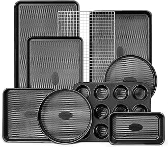 HONGBAKE 9-Piece Baking Pans Set Nonstick, Stackable Non Toxic Bakeware Sets with Diamond Texture, Oven Pan Set for Cooking, Includes Cookie Sheet with Rack, Cake Pan, Roasting Pan, Muffin Pan, Gray