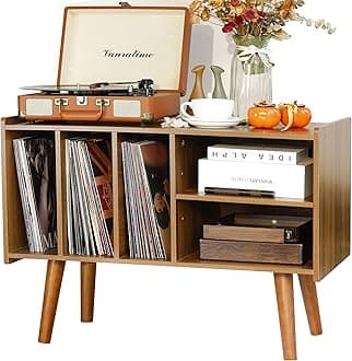 Record Player Stand with Vinyl Storage Holds Up to 300lb, Large Record Player Table Cabinet for Album Storage with Holder Vinyl Display Shelf, Wood Turntable Stand for Bedroom Living Room (walnut)