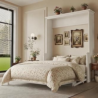 Multi-Functional Murphy Cabinet Bed,Queen Size Foldable Platform Bed with Storage Decorate Desk,Queen Combined Murphy Bed Chest for Small Space Design,Bedroom,Studio, White