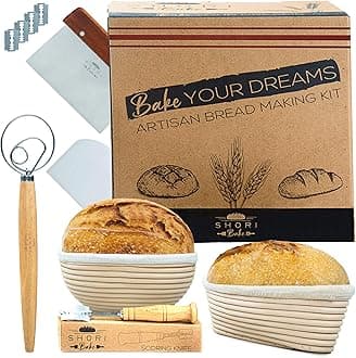 Shori Bake Bread Banneton Proofing Basket Set of 2 Round 9 Inch & 9.6 Inch Oval + Sourdough Bread Making Tools Kit, Baking Gifts for Bakers, Liner, Bread Lame, Bowl & Dough Sc, Danish Dough Whisk