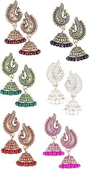 Peacock Jhumkas Jhumka jhumki Earrings Combo set Ear rings For Women girls Ladies Traditional Wedding Temple Gold Meenakari Ethnic Antique South Indian Round Pearl Moti Feather jhumki combo M05
